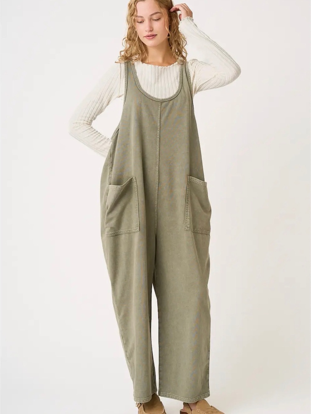 mittoshop Olive Green Relaxed Wide-Leg Cotton Jumpsuit